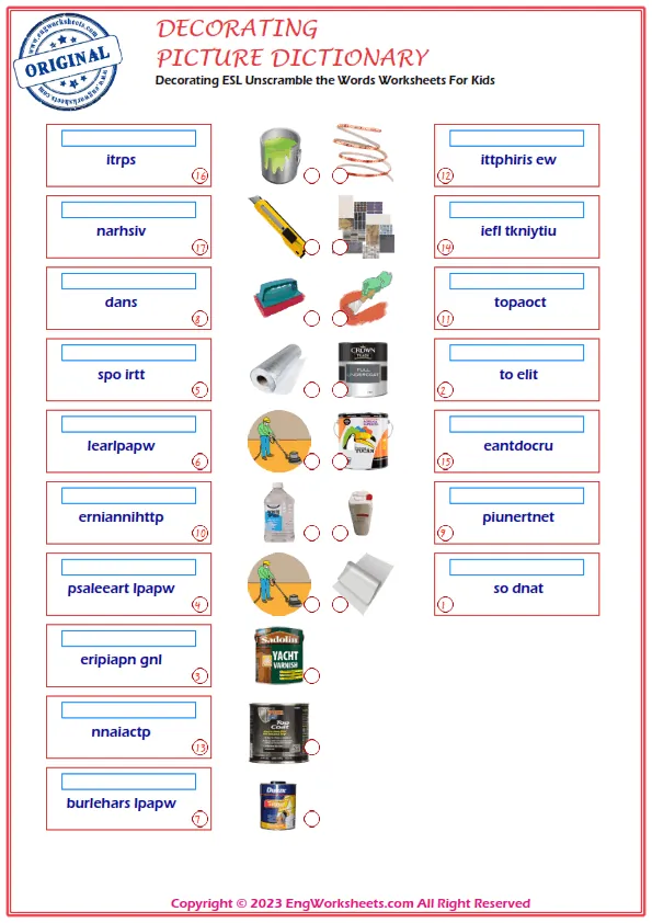 Decorating ESL Unscramble the Words Worksheets For Kids