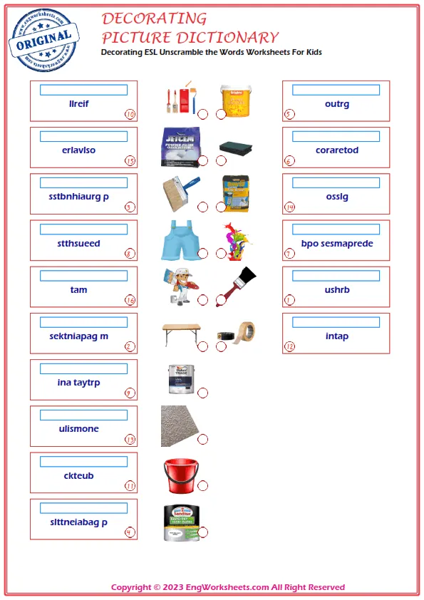 Decorating ESL Unscramble the Words Worksheets For Kids Worksheet Preview