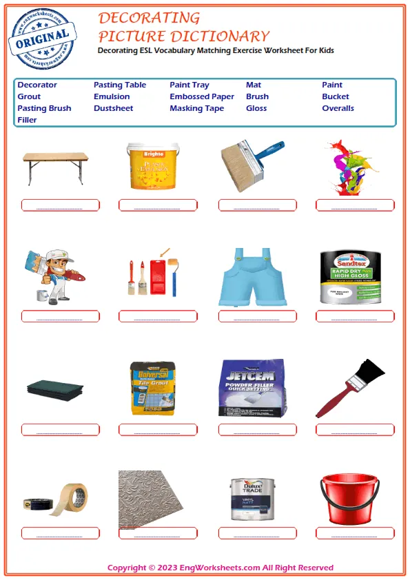 Decorating ESL Vocabulary Matching Exercise Worksheet For Kids Worksheet Preview