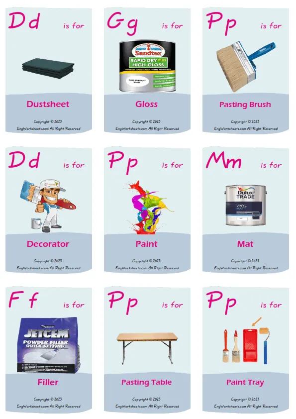 Decorating vocabulary worksheet with words, nine images per page
