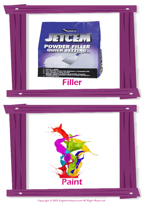 Decorating vocabulary worksheet with words, two images per page Worksheet Preview