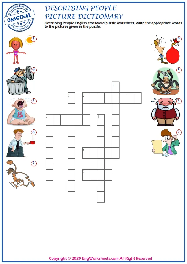 Describing People English crossword puzzle worksheet, write the appropriate words to the pictures given in the puzzle.