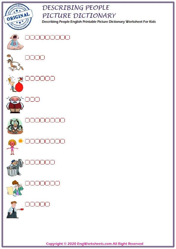 Describing People English Printable Picture Dictionary Worksheet For Kids