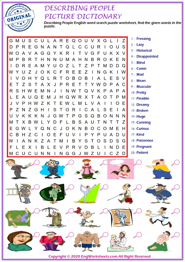 Describing People English word search puzzle worksheet, find the given words in the puzzle. Worksheet Preview