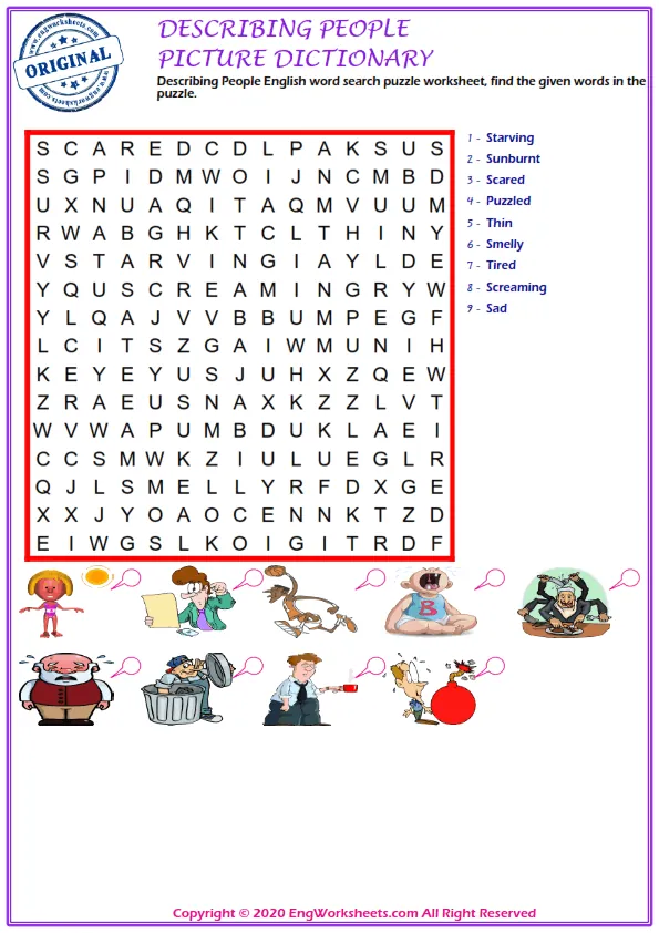 Describing People English word search puzzle worksheet, find the given words in the puzzle.