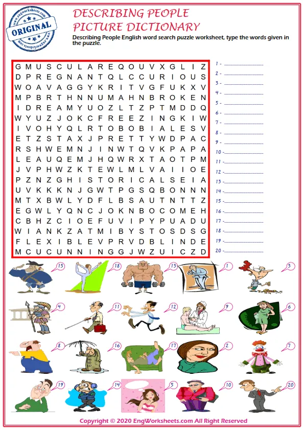 Describing People English word search puzzle worksheet, type the words given in the puzzle. Worksheet Preview