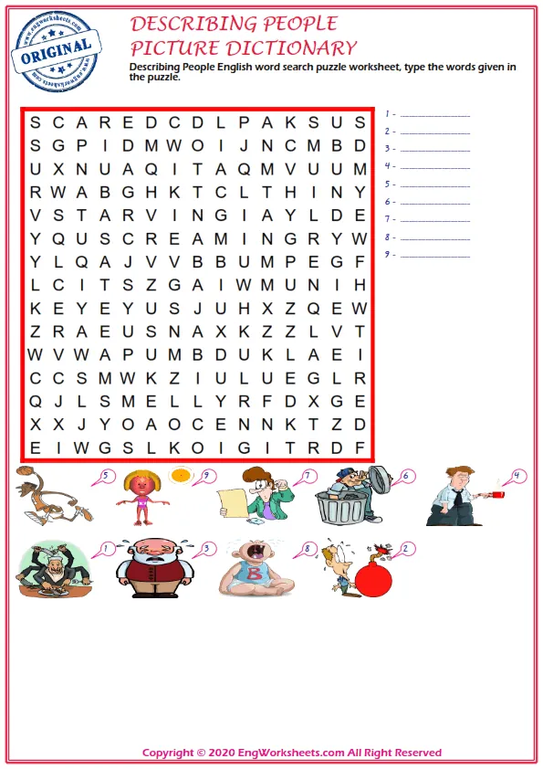 Describing People English word search puzzle worksheet, type the words given in the puzzle.
