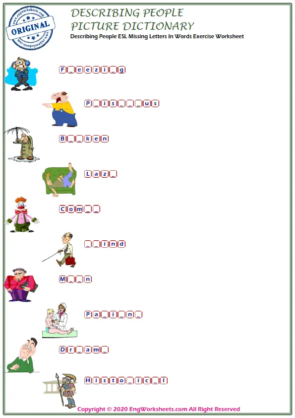 Describing People ESL Missing Letters In Words Exercise Worksheet Worksheet Preview