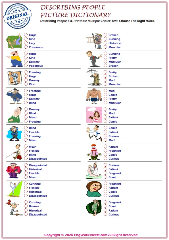 Describing People ESL Printable Multiple Choice Test. Choose The Right Word. Worksheet Preview