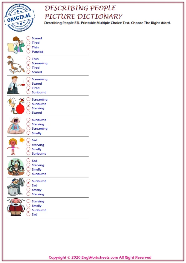 Describing People ESL Printable Multiple Choice Test. Choose The Right Word.
