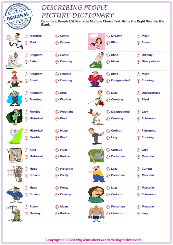 Describing People ESL Printable Multiple Choice Test. Write the Right Word in the Blank. Worksheet Preview