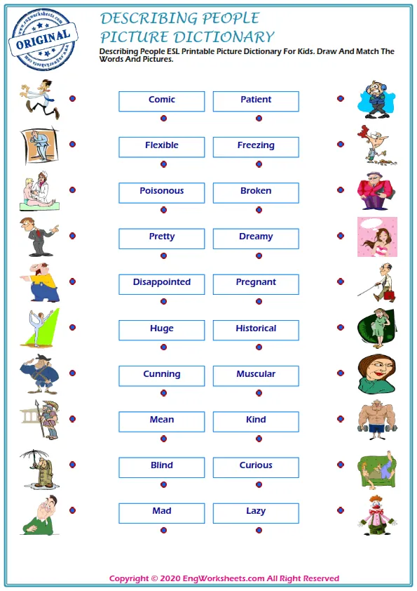 Describing People ESL Printable Picture Dictionary For Kids. Draw And Match The Words And Pictures. Worksheet Preview
