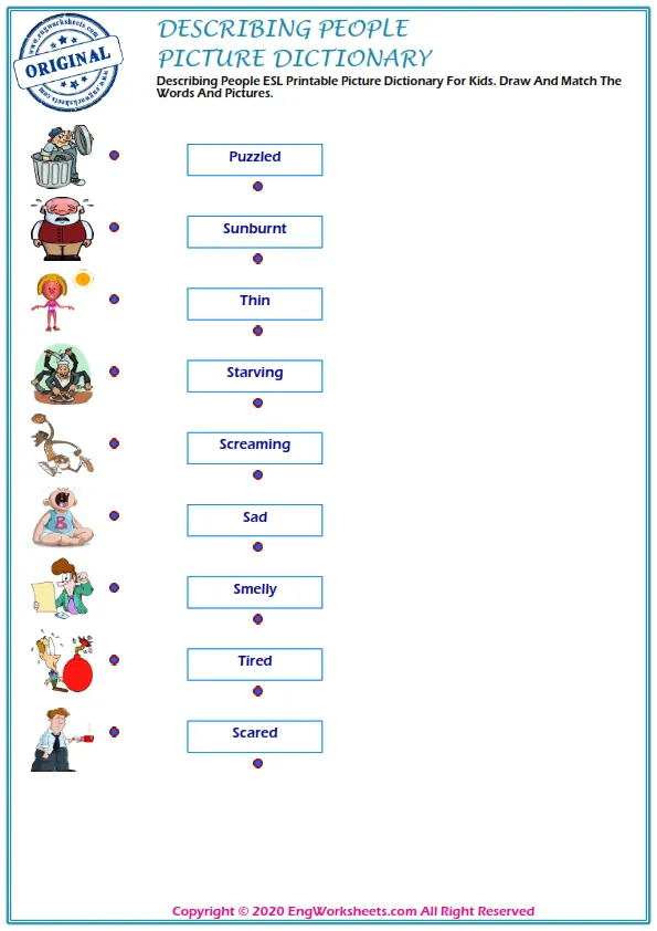 Describing People ESL Printable Picture Dictionary For Kids. Draw And Match The Words And Pictures.