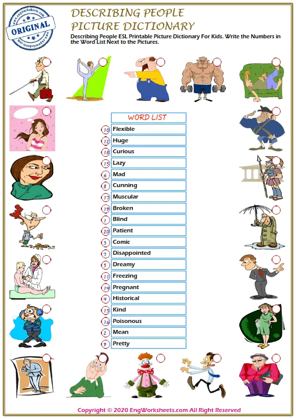 Describing People ESL Printable Picture Dictionary For Kids. Write the Numbers in the Word List Next to the Pictures. Worksheet Preview