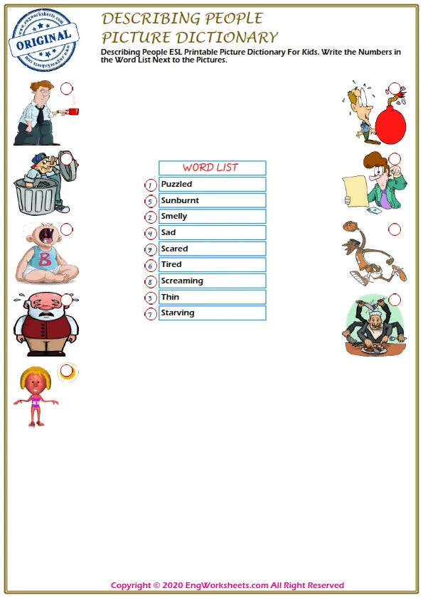 Describing People ESL Printable Picture Dictionary For Kids. Write the Numbers in the Word List Next to the Pictures. Worksheet Preview