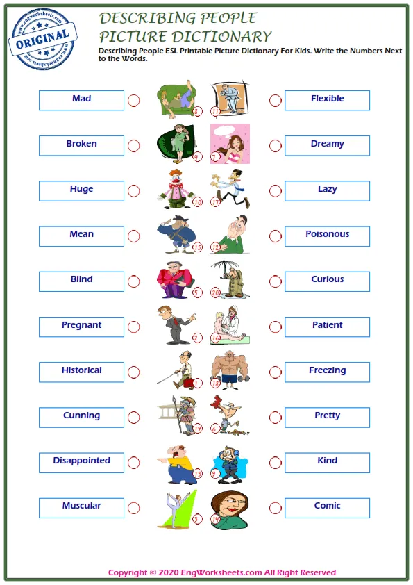 Describing People ESL Printable Picture Dictionary For Kids. Write the Numbers Next to the Words. Worksheet Preview
