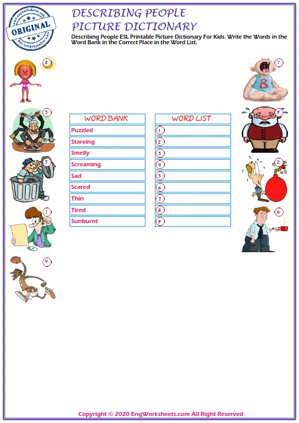 Describing People ESL Printable Picture Dictionary For Kids. Write the Words in the Word Bank in the Correct Place in the Word List. Worksheet Preview