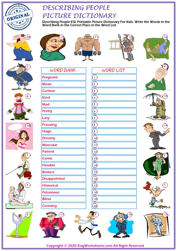 Describing People ESL Printable Picture Dictionary For Kids. Write the Words in the Word Bank in the Correct Place in the Word List. Worksheet Preview