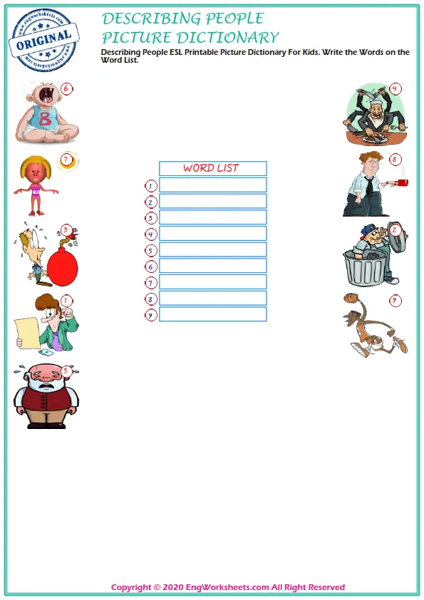 Describing People ESL Printable Picture Dictionary For Kids. Write the Words on the Word List.