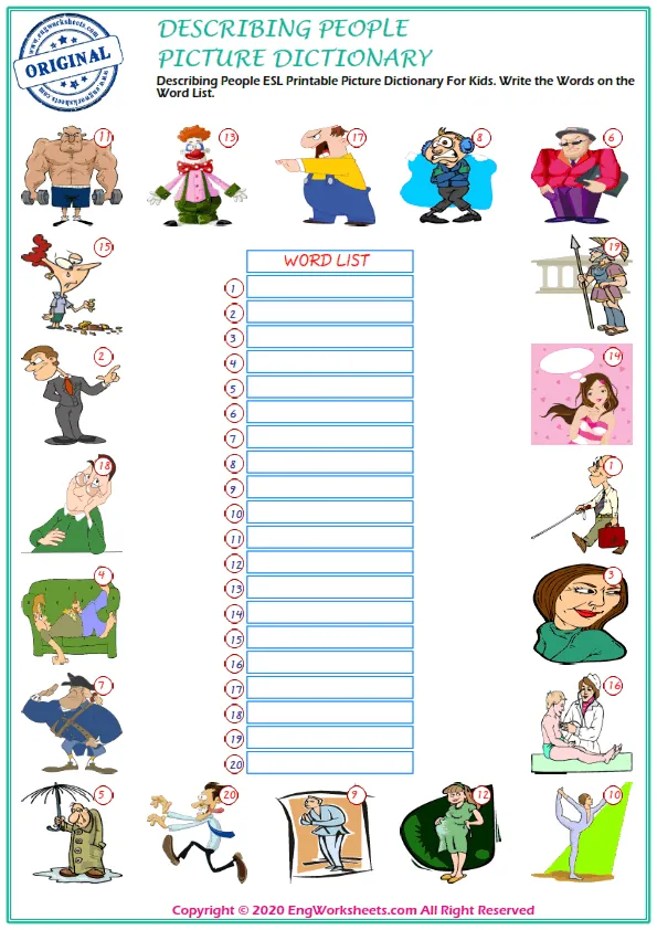 Describing People ESL Printable Picture Dictionary For Kids. Write the Words on the Word List. Worksheet Preview
