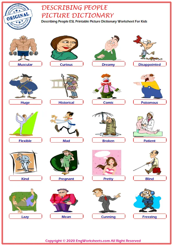 Describing People ESL Printable Picture Dictionary Worksheet For Kids