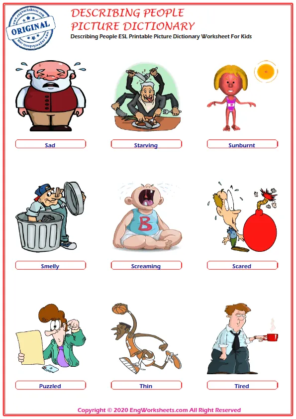 Describing People ESL Printable Picture Dictionary Worksheet For Kids