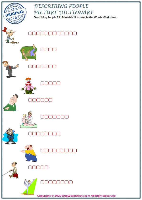 Describing People ESL Printable Unscramble the Words Worksheet.
