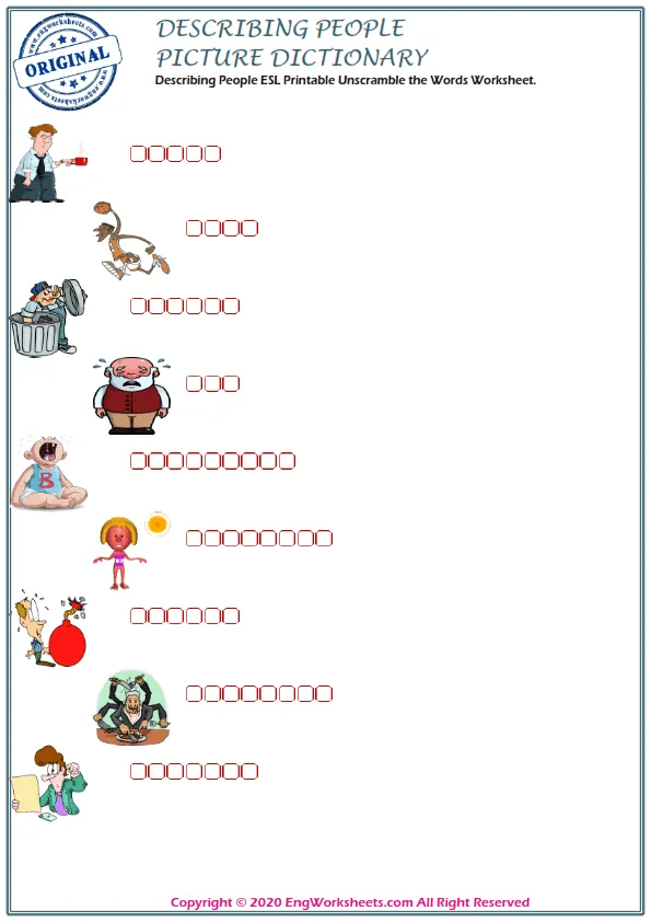 Describing People ESL Printable Unscramble the Words Worksheet.