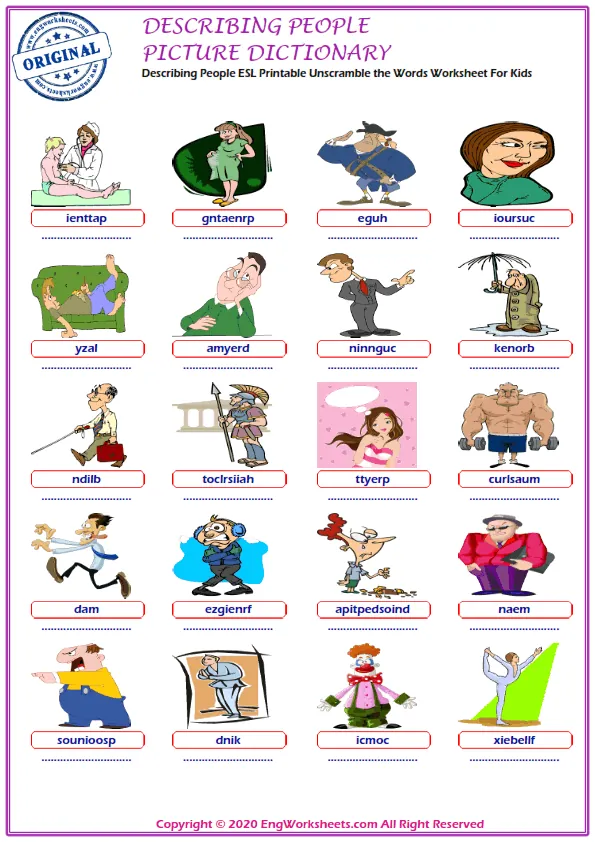 Describing People ESL Printable Unscramble the Words Worksheet For Kids Worksheet Preview