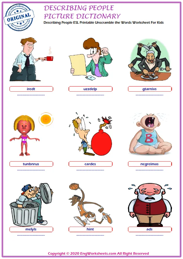 Describing People ESL Printable Unscramble the Words Worksheet For Kids