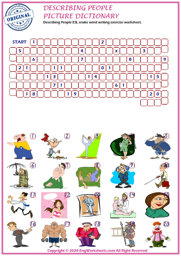Describing People ESL snake word writing exercise worksheet. Worksheet Preview