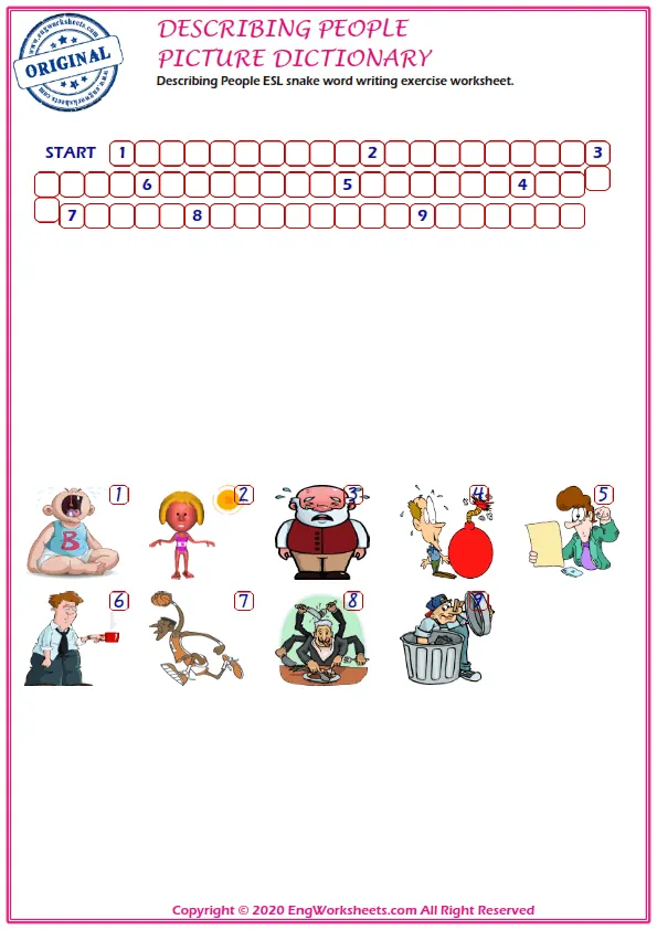 Describing People ESL snake word writing exercise worksheet.