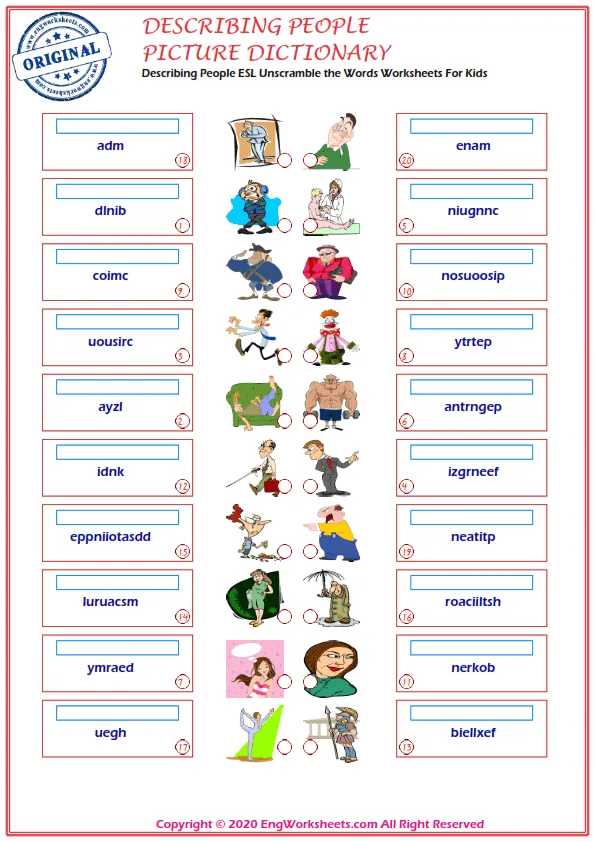 Describing People ESL Unscramble the Words Worksheets For Kids Worksheet Preview