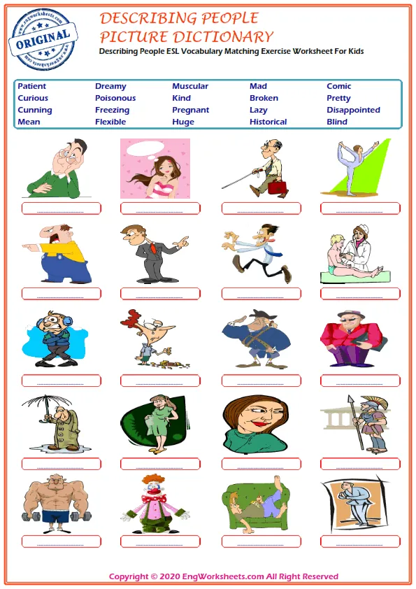 Describing People ESL Vocabulary Matching Exercise Worksheet For Kids Worksheet Preview
