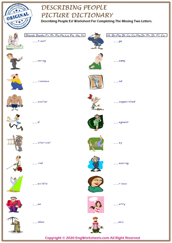 Describing People Esl Worksheet For Completing The Missing Two Letters. Worksheet Preview