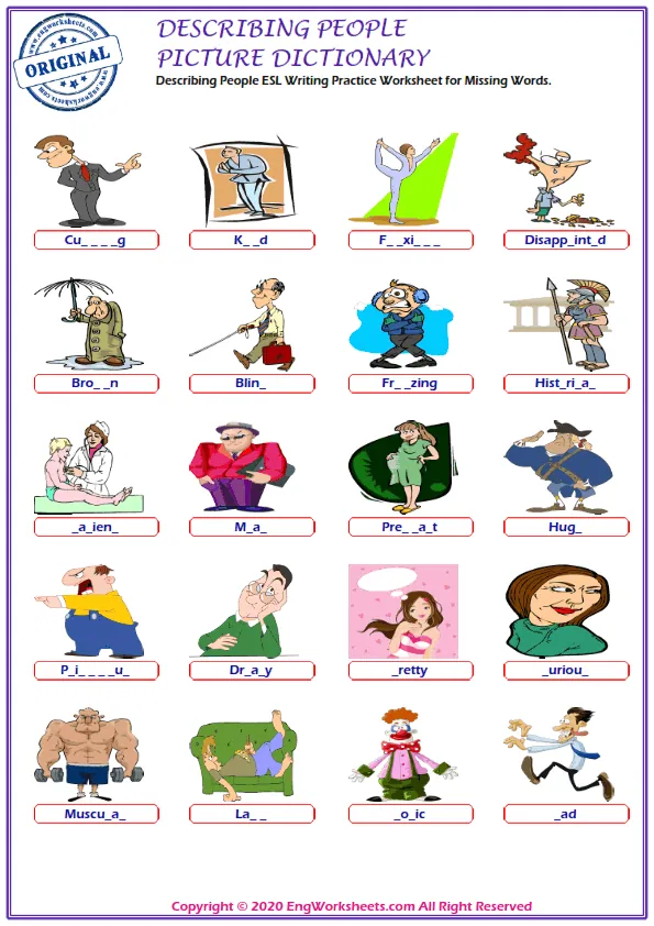 Describing People ESL Writing Practice Worksheet for Missing Words. Worksheet Preview