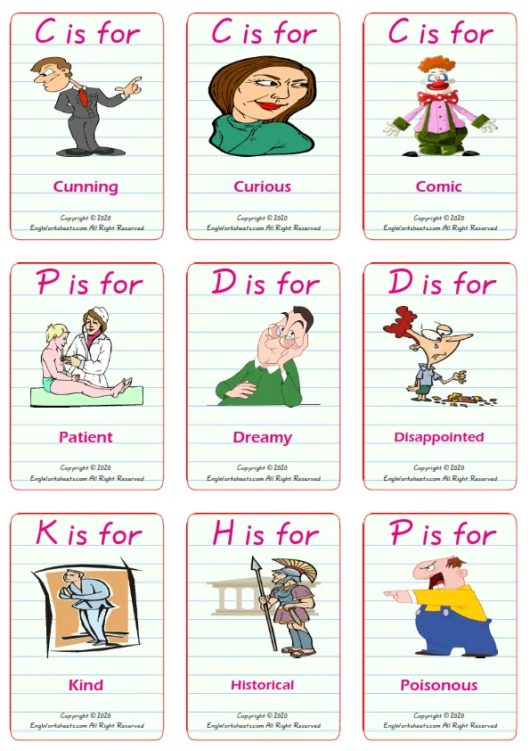 Describing People vocabulary worksheet with words, nine images per page