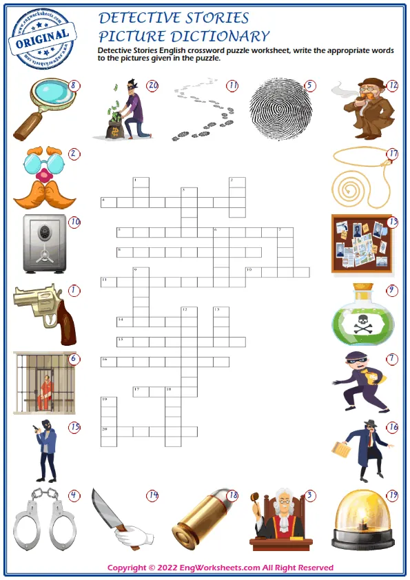 Detective Stories English crossword puzzle worksheet, write the appropriate words to the pictures given in the puzzle.