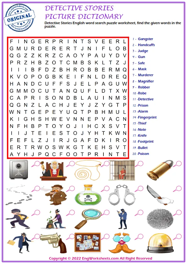 Detective Stories English word search puzzle worksheet, find the given words in the puzzle. Worksheet Preview