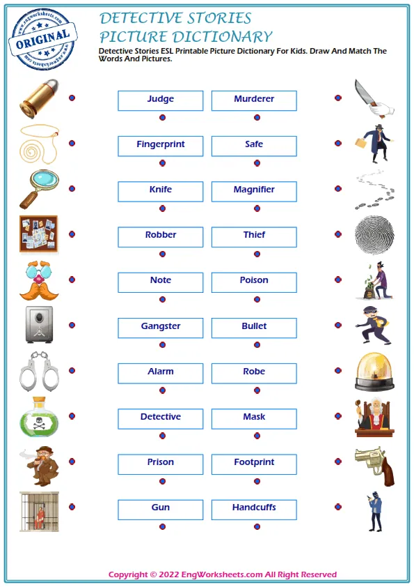 Detective Stories ESL Printable Picture Dictionary For Kids. Draw And Match The Words And Pictures. Worksheet Preview