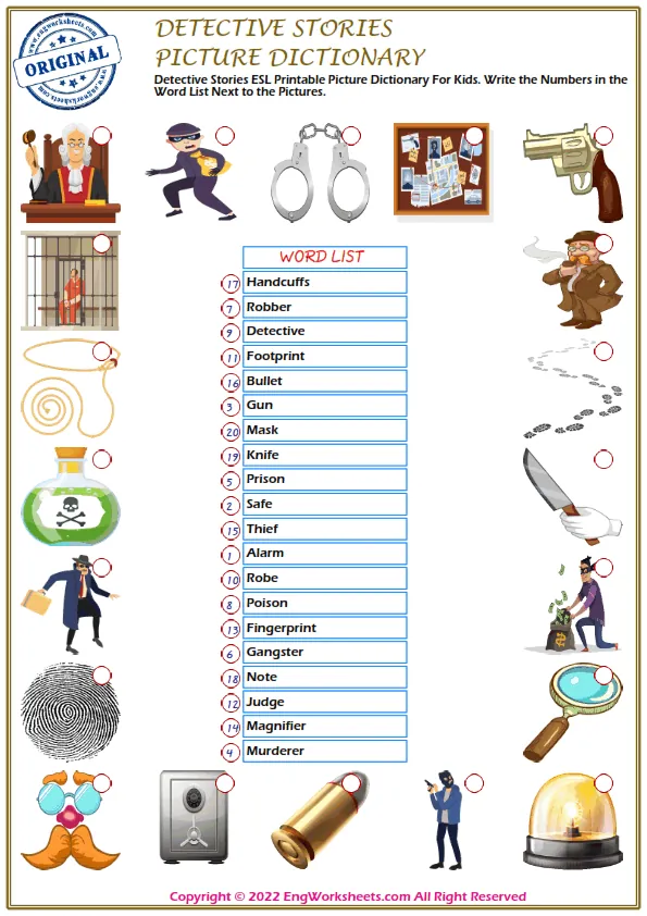Detective Stories ESL Printable Picture Dictionary For Kids. Write the Numbers in the Word List Next to the Pictures.
