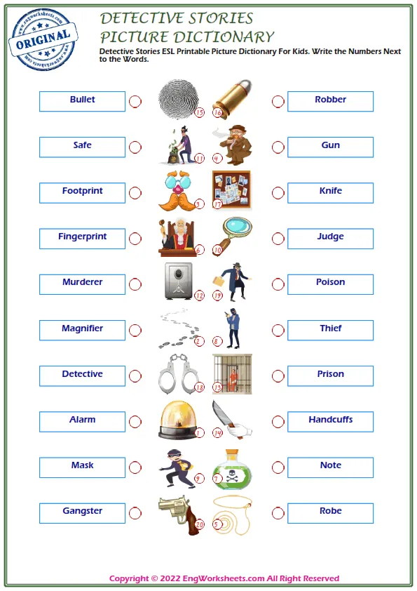 Detective Stories ESL Printable Picture Dictionary For Kids. Write the Numbers Next to the Words. Worksheet Preview