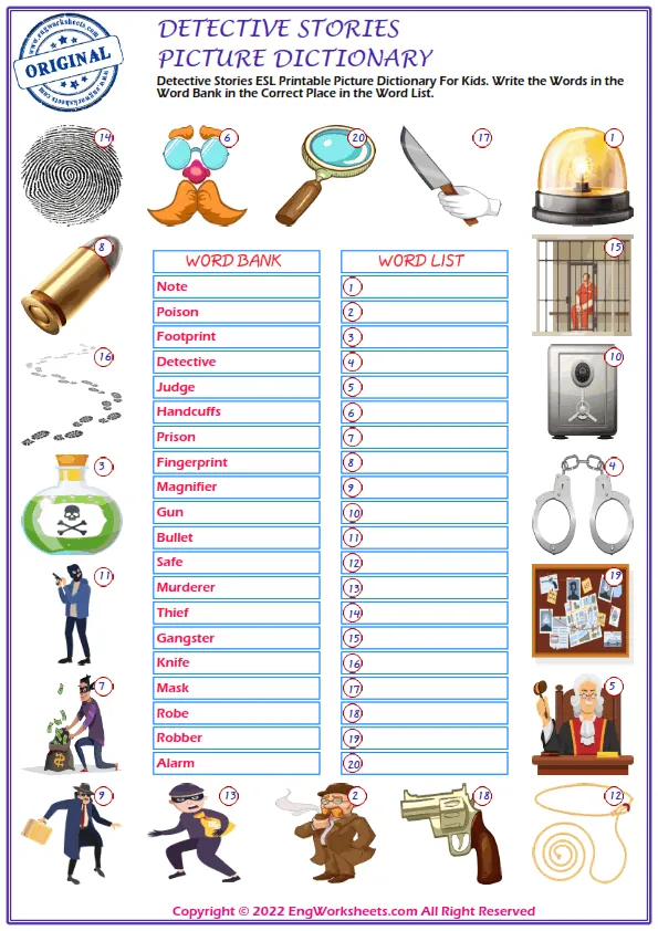 Detective Stories ESL Printable Picture Dictionary For Kids. Write the Words in the Word Bank in the Correct Place in the Word List. Worksheet Preview