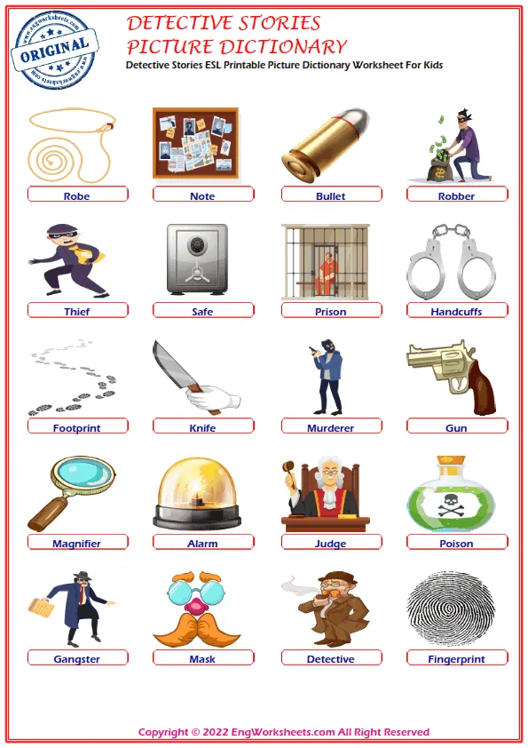 Detective Stories ESL Printable Picture Dictionary Worksheet For Kids Worksheet Preview