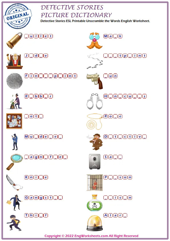 Detective Stories ESL Printable Unscramble the Words English Worksheet. Worksheet Preview