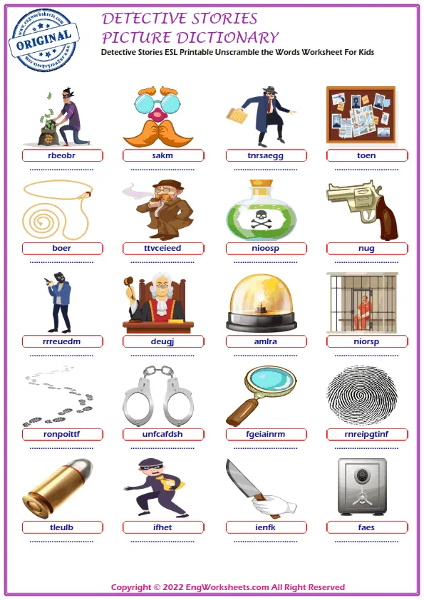 Detective Stories ESL Printable Unscramble the Words Worksheet For Kids Worksheet Preview