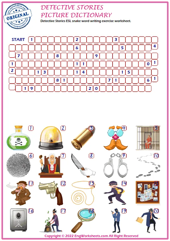 Detective Stories ESL snake word writing exercise worksheet. Worksheet Preview