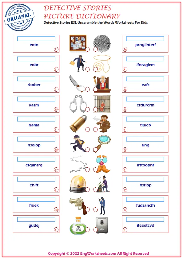 Detective Stories ESL Unscramble the Words Worksheets For Kids Worksheet Preview