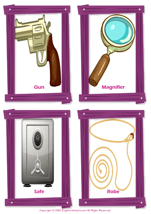 Detective Stories vocabulary worksheet with words, four images per page Worksheet Preview