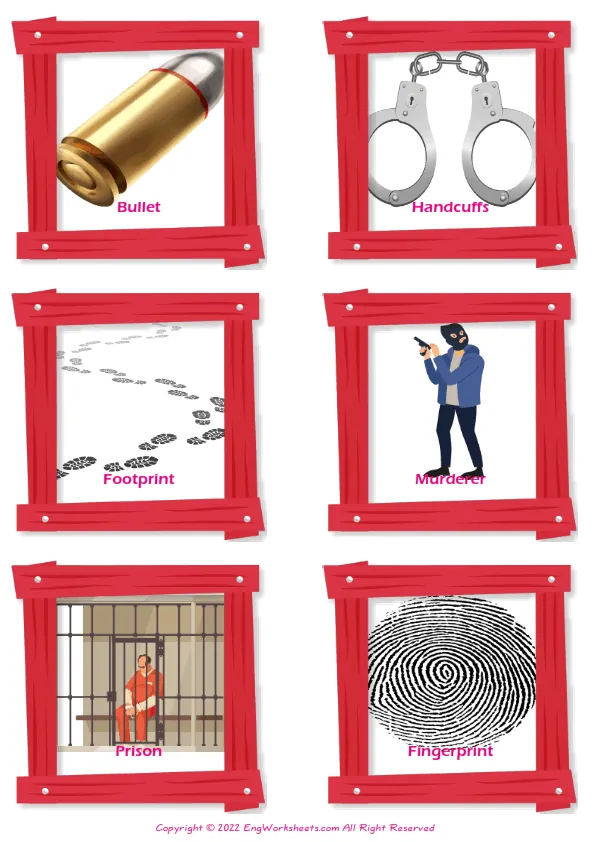 Detective Stories vocabulary worksheet with words, six images per page